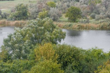 Nehir ve orman üzerinde sonbaharda bulutlu. Güzel bir nehir ve orman manzarası.