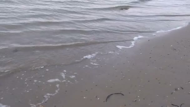 Pequenas ondas marinhas na praia de areia ao pôr do sol . — Vídeo de Stock