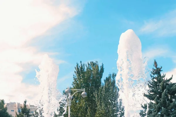 Güzel Çeşme jetleri yakın çekim arka planda gökyüzü ve ağaç Parkı.
