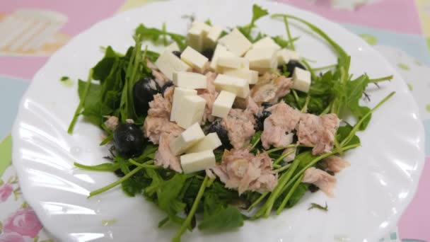 皿に野菜、チーズ、オリーブ、魚のクローズ アップのサラダ。健康食品. — ストック動画