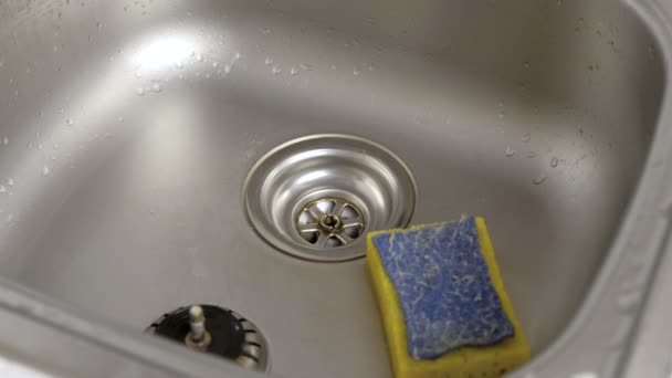 Sponge for washing dishes in a metal sink in the kitchen. — Stock Video