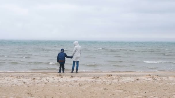 Mamá e hijo están caminando en la playa de arena marina en invierno, vista trasera. Hermosa vista de la arena y la tormenta de nieve en la playa . — Vídeos de Stock