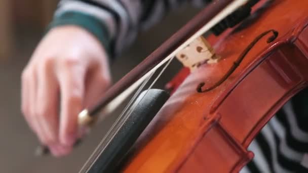 Viool in de handen van de jongens. Boy is het leren spelen van de viool. — Stockvideo