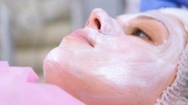 Güzellik uzmanı fırça ile kadının yüzünde maske koyar. Yüz nemlendirici. Yüz yakın çekim.