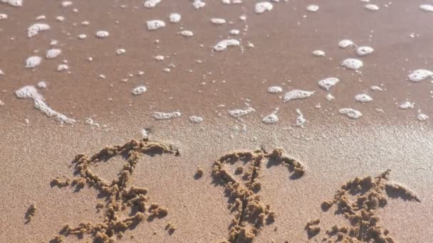 Panneaux en dollars écrits dans le sable de la mer. Les vagues ont lavé l'inscription . — Video