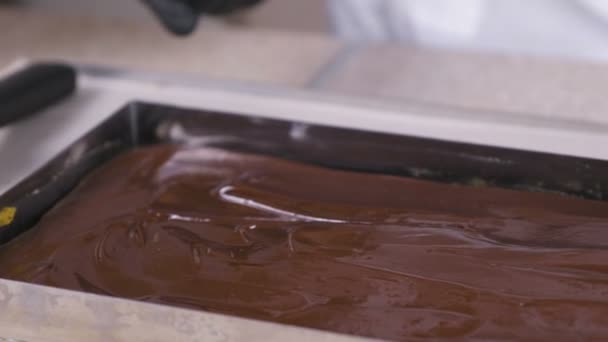 Le chocolat liquide est roulé avec une spatule sur une plaque à pâtisserie . — Video