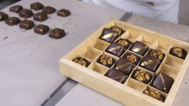 Bagare händer sätta handgjord choklad godis i en vacker låda. Nuvarande låda med choklad godis. — Stockvideo