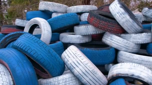 Pneus de voiture peints en blanc et bleu vue rapprochée . — Video