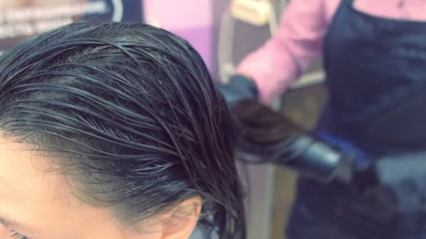 Peluquería secado cabello con secador de pelo. Fortalecimiento del cabello con queratina . — Vídeos de Stock