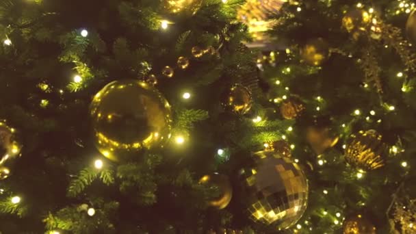 Christmas balls of gold color and garlands with bulbs on the branches of christmas tree, close-up view. — Stock Video