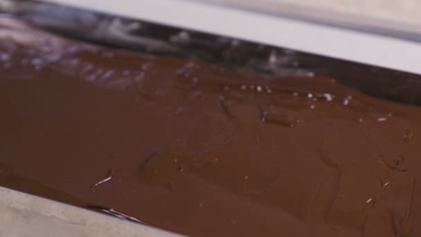 El chocolate líquido la bandeja para hornear. Llenado de caramelos de chocolate. Producción de dulces de chocolate . — Vídeo de stock