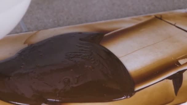 Tempering Melted Chocolate Natural Stone Womans Hands Spatula Close — Stock Video