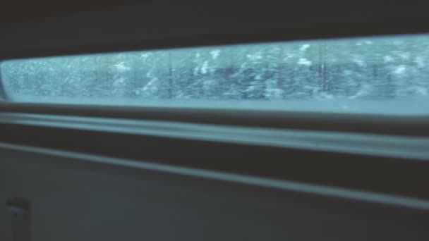 Vista del bosque de invierno desde la ventana de un tren en movimiento . — Vídeo de stock