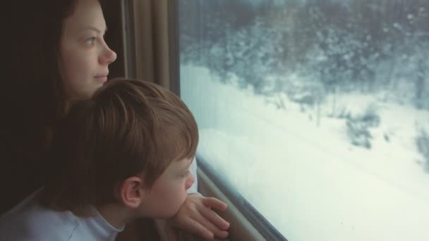 Мама і син дивлячись у вікно в переміщення поїзда зимовий пейзаж. — стокове відео