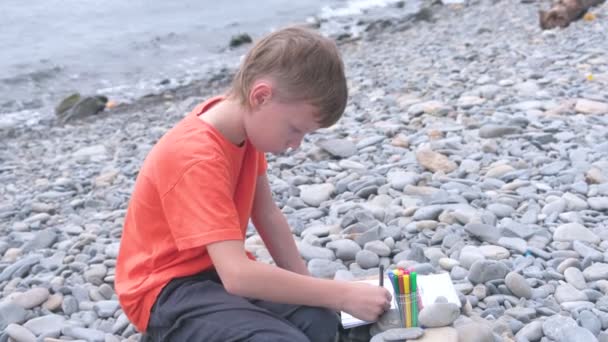 Boy is painting with markers while sitting on a stone beach on the shore of the sea. — Stock Video