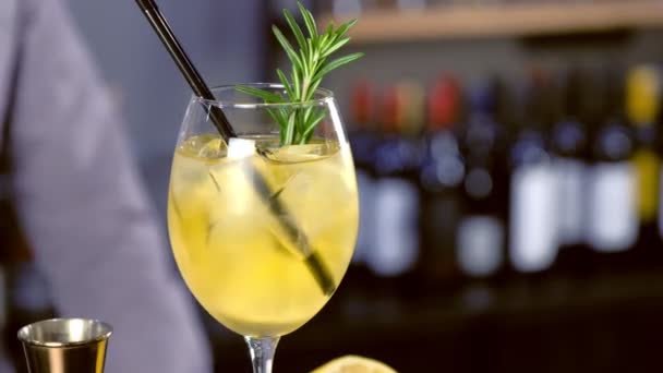 Barman klade brčka v alkoholu koktejl s šumivým vínem, ledu a alkohol v skleničku, detailní zobrazení. — Stock video