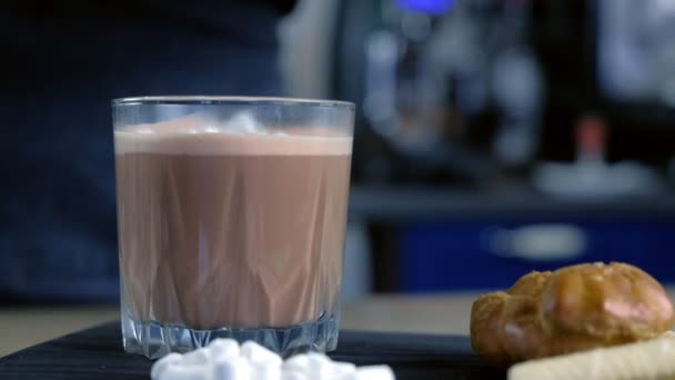 Barista sätter marshmallow i kakao. Matlagning kakao. Närbild sidovy. — Stockvideo