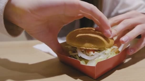 Femme met un hamburger par les mains dans le café . — Video