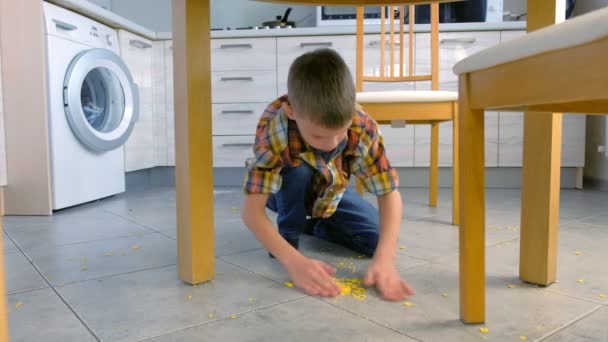 Jongen reinigt maïs vlokken uit de keukenvloer door zijn handen. — Stockvideo