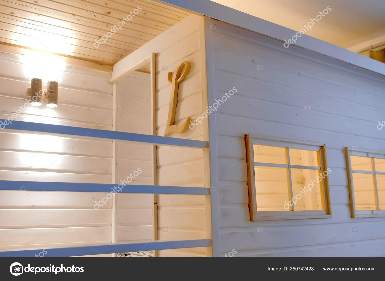 Wooden White House In Kids Room With Windows And Bed Inside Stock Photo Image By C Familylifestyle 250742428