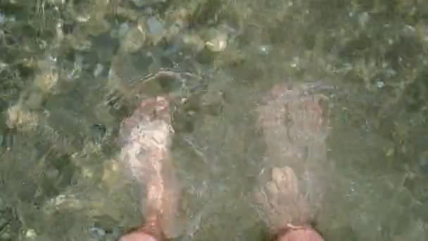 男は砂浜で barefeet 海に立っている. — ストック動画