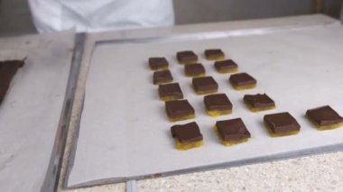 Çikolata şekerleme pralin için dolguları ile kayısı tohum spatula kullanarak bölün. Baker kağıda koyar. Fırıncılar eller yakın çekim.