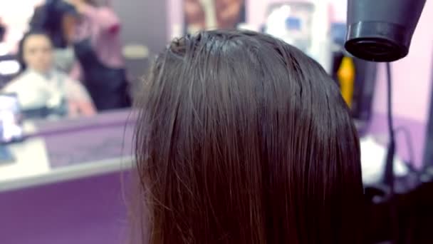 Friseur Trocknen der Haare mit Haartrockner. Stärkung der Haare mit Keratin. — Stockvideo