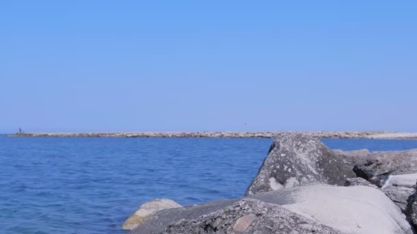 Sfondo mare con spiaggia di pietra di mare e molo in baia nella giornata di sole . — Video Stock