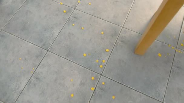 Cornflakes, mjöl och frön på den grå kakel på köks golvet. Smutsigt köks golv med matrester. — Stockvideo