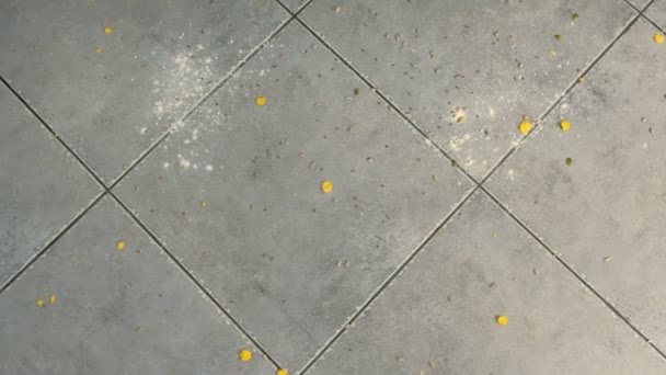 Cornflakes, Mehl und Samen auf der grauen Fliese auf dem Küchenboden. Schmutziger Küchenboden mit Essensresten. Ansicht von oben. — Stockvideo