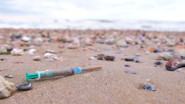 Seringues médicales parmi les coquilles de rapan dans le sable sur la plage de la mer après la tempête . — Video