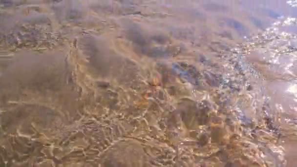 Мелководье в реке течет по песчаному дну солнца блики на поверхности воды . — стоковое видео