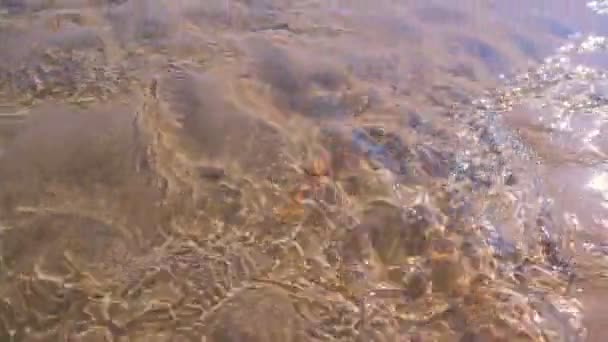 Eau peu profonde dans la rivière coulant sur le fond de sable soleil éblouissement à la surface de l'eau . — Video