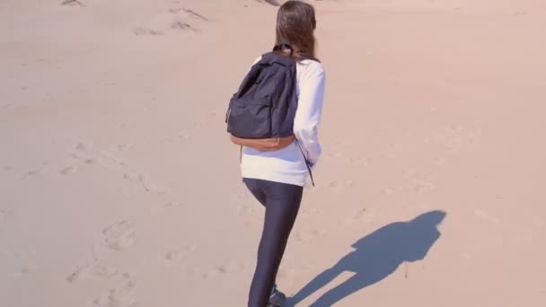 Женщина-туристка ходит среди песчаных дюн на морском пляже активного отдыха . — стоковое видео