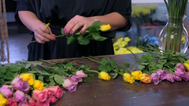 Florista mulher prepara flores para cacho corta rosa espinhos na loja, mãos close-up . — Vídeo de Stock