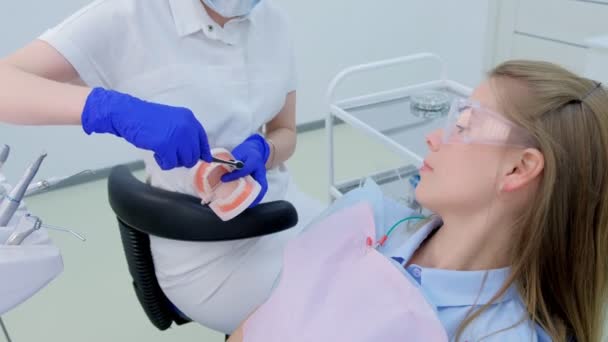 Стоматолог показывает пациенту на модели челюсти, как правильно чистить зубы зубной щеткой . — стоковое видео
