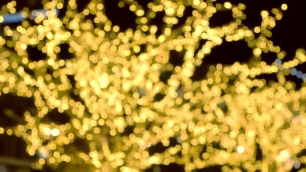 Trädet var dekorerar garlandswit gyllene lökar. Christmas gatubelysning. Närbild, oskärpa. — Stockvideo