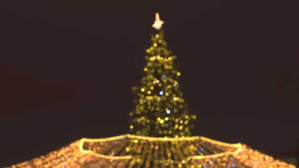 Schöne funkelnde Weihnachtsbaum auf dem Platz in der Nacht, verschwimmen. — Stockvideo