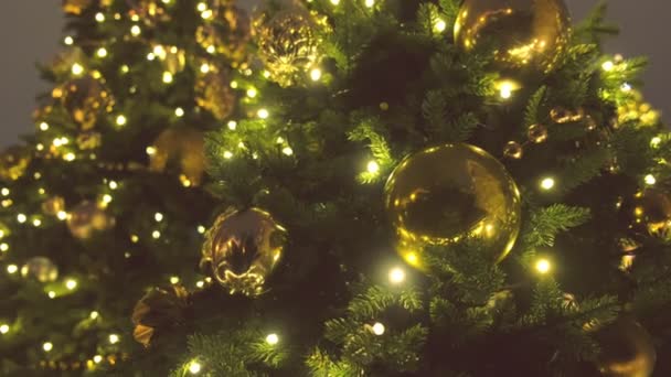 Bolas de Navidad de color oro y guirnaldas con bulbos en las ramas del árbol de Navidad, vista de cerca . — Vídeo de stock