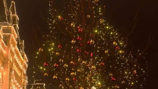 Weihnachtsbeleuchtung am Gebäude und Kugeln am Baum auf der Straße. — Stockvideo