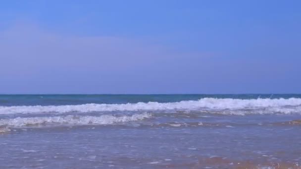 Seascape with curly long foamy rolling in tube waves in stormy sea at sunny day. — Stock Video