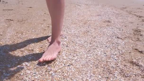 Mulher descalça caminha em conchas do mar na praia de areia faz natureza pés massagem . — Vídeo de Stock