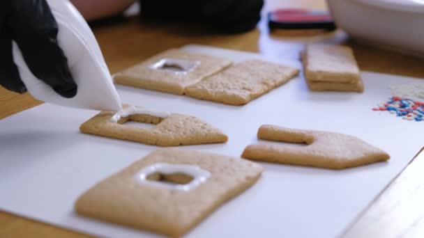 Le mani delle donne decorano con zucchero dolci biscotti a velo per le case di pan di zenzero. Cottura fatto in casa casa pan di zenzero . — Video Stock