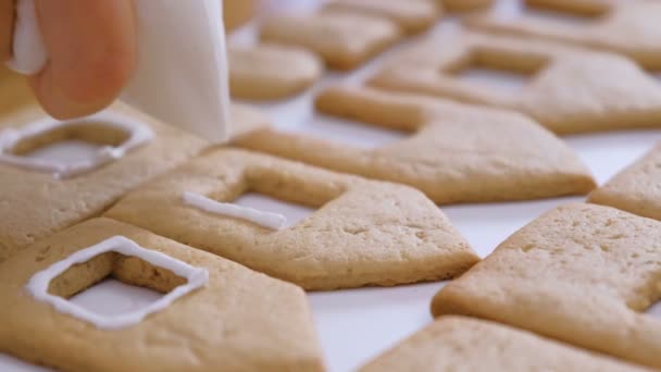 Les mains des femmes décorent avec des biscuits glacés sucrés pour les maisons en pain d'épice. Cuisson maison en pain d'épice . — Video
