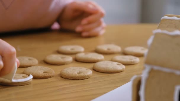 Τα χέρια των βοιτών διακοσμούν Χριστουγεννιάτικα μπισκότα με γλυκό γλάσο ζάχαρης. — Αρχείο Βίντεο