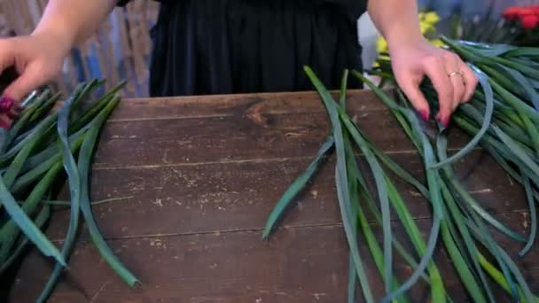 Bloemist werkt met blauwe iris bloemen op tafel in bloemenwinkel, handen close-up. — Stockvideo