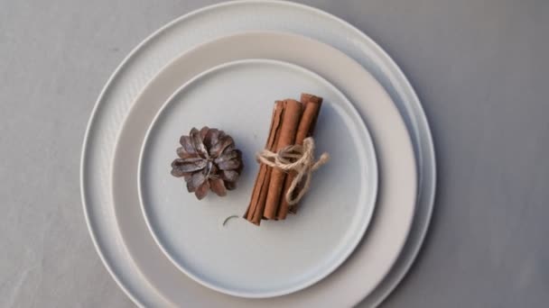 Plates for Christmas dinner decorated with pine cone and cinnamon sticks. — Stock Video