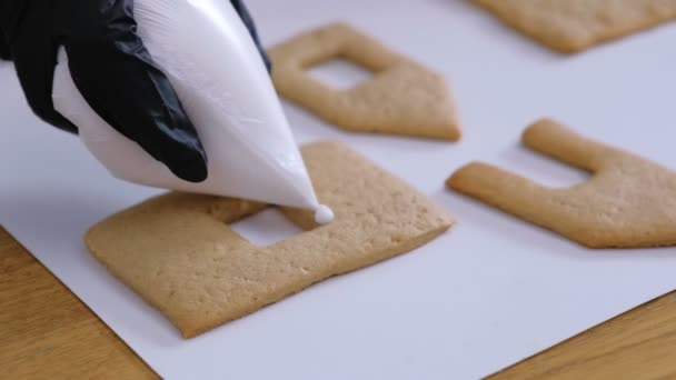 Las manos de las mujeres decoran con galletas dulces de azúcar para casas de jengibre. Cocinar casa casera de jengibre . — Vídeo de stock