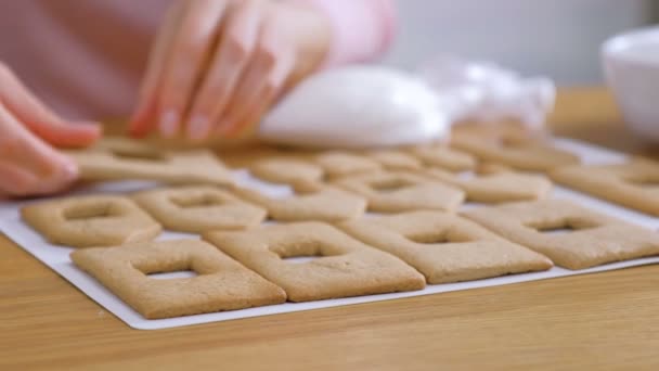 女性の手はジンジャーブレッドの家のための砂糖甘いアイシングクッキーで飾ります。自家製ジンジャーブレッドハウスを調理. — ストック動画