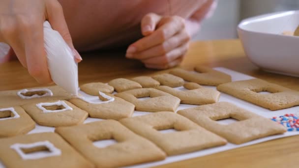 Womans kezek díszítik a cukrot édes jegesedés cookie-kat mézeskalács házak. Főzés házi mézeskalács ház. — Stock videók